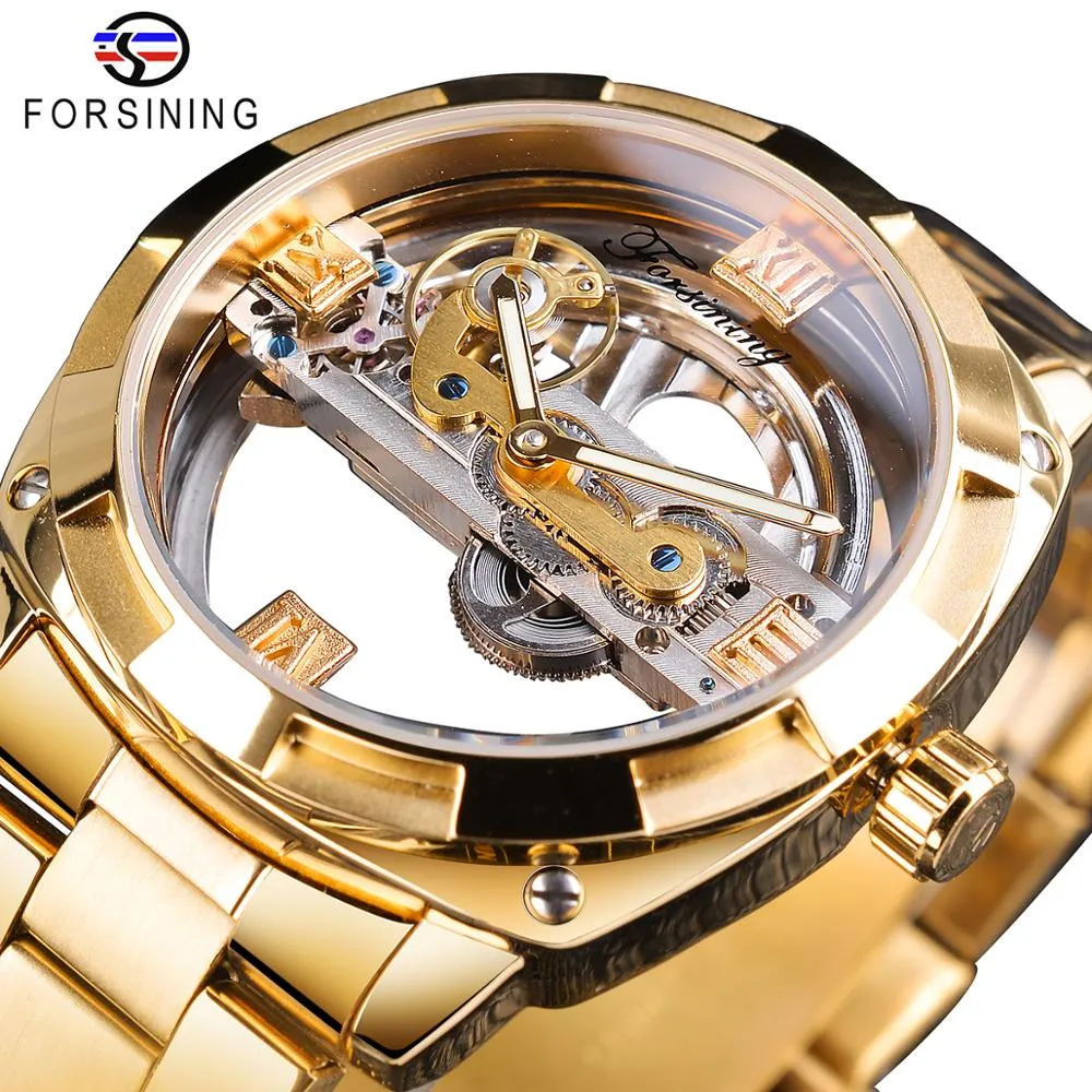 Forining Transparant Golden Mechanical Watch Mens Steampunk Skeleton Automatic Gear Self Wind roestvrijstalen bandklok Montre