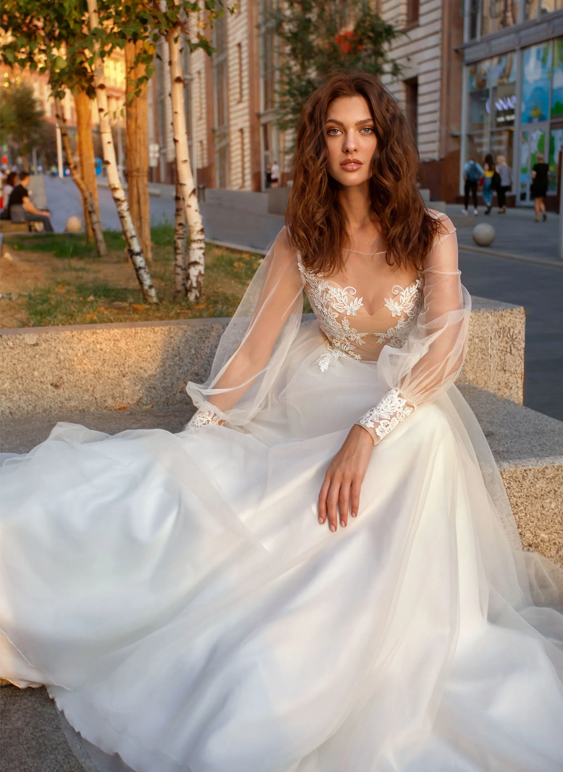 2020 Papilio Une Ligne Robes De Mariée Scoop Poète À Manches Longues Appliques Tulle Robes De Mariée Balayage Train Bohême Vestidos De Novia