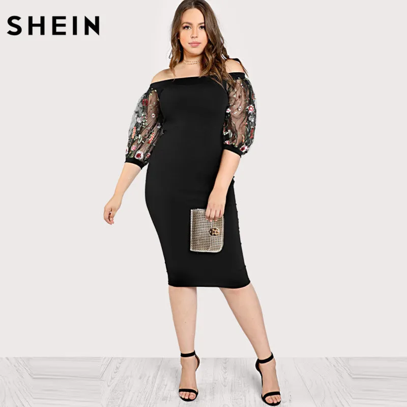 2019 Schwarz Plus Size Party Sommerkleid die Schulter Bleistiftkleid bestickt Mesh Ärmel große Größen Sexy