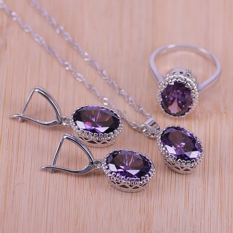 Top Quality Exquisite Purple 925 Sterling Silver Women Wedding Necklace Earring Ring Zircon Crystal Costume Jewelry Sets