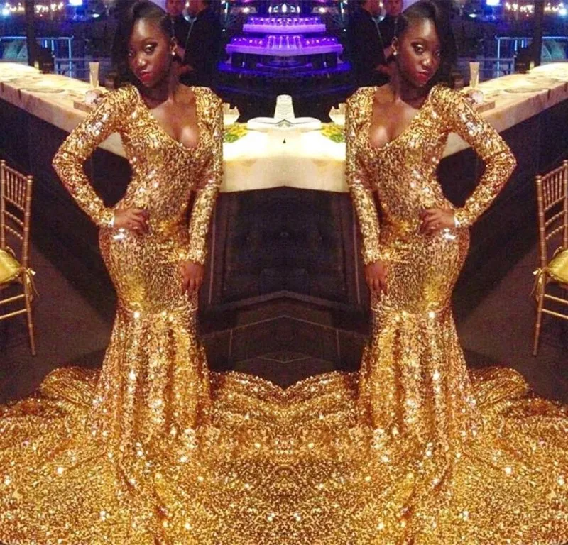 Gold Sequins Robes De Bal 2024 African Sirene Manches Longues Robe De Bal De Fille Noire Robe De Fete Du Soir Sexy Du 112 85 DHgate