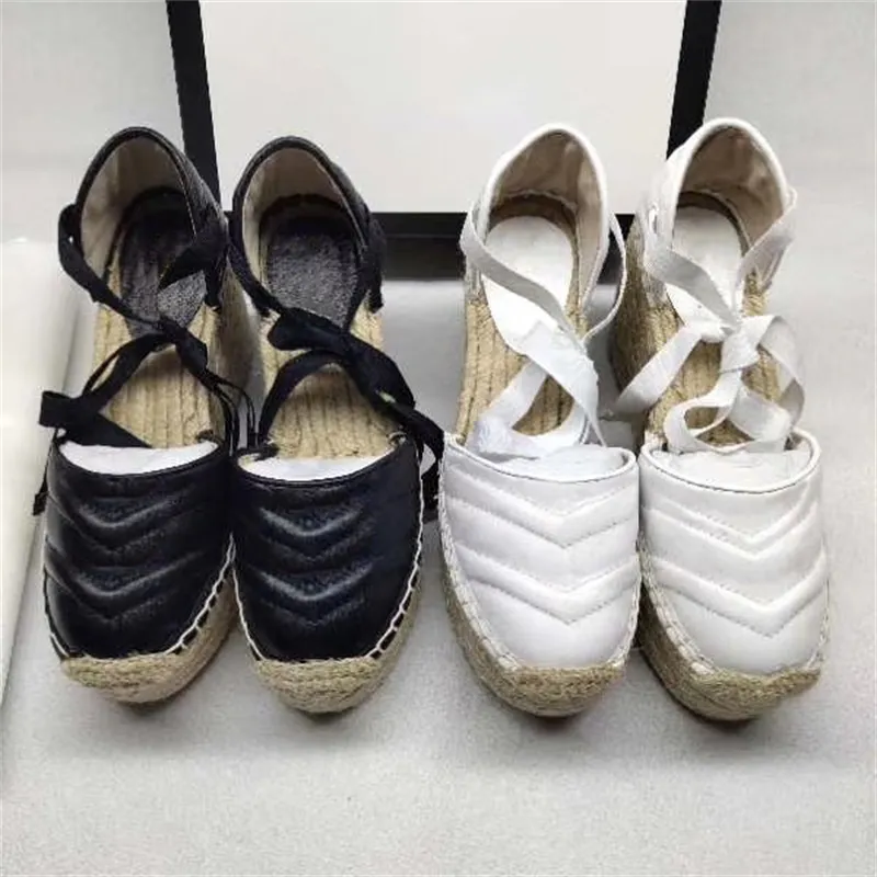 Women Leather Wedge Platform Espadrille Matelass￩ Leather Fashion grosgrain Cord Platform Sandal Calfskin Canvas Heel Heels Designer Shoes