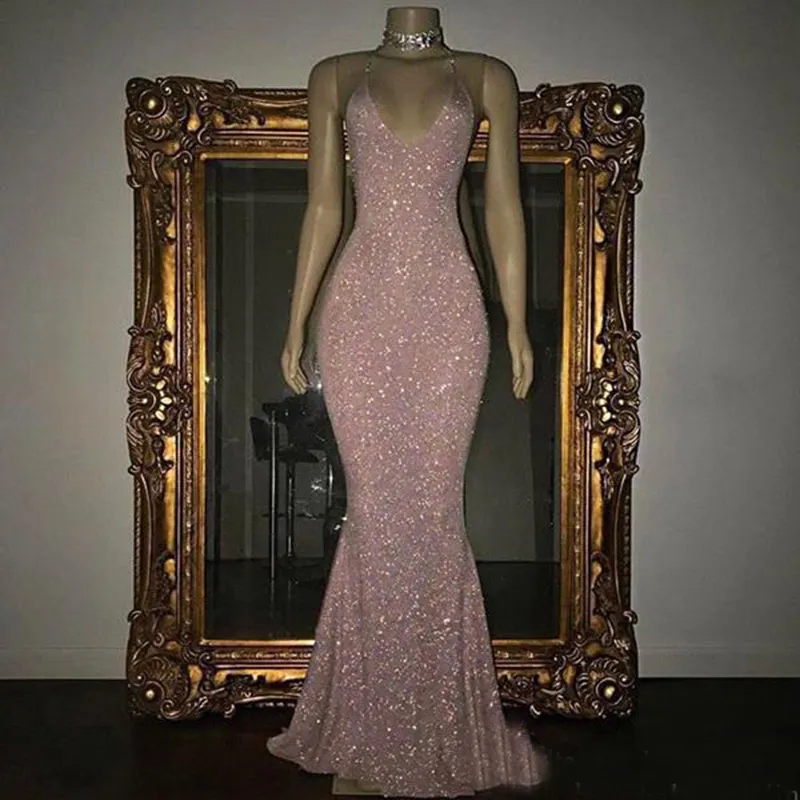 Stunning Rose Pink Sequined 2022 Prom Dresses Sexy Spaghetti Straps Mermaid Sleeveless Evening Gowns