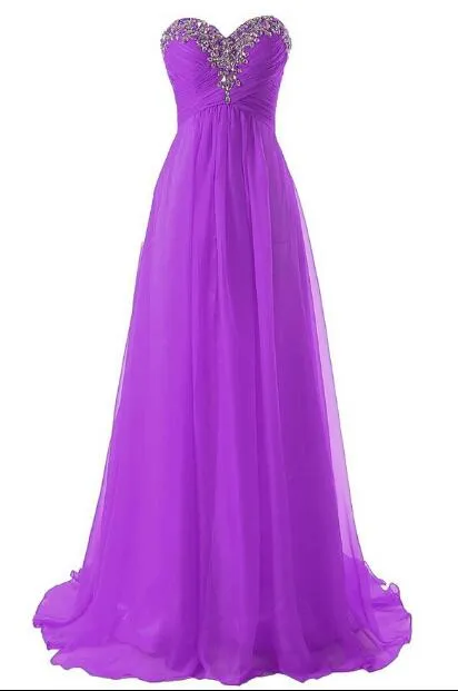 Op maat gemaakte goedkope lange formele jurken sweetheart flow chiffon zomer bruidsmeisje formele prom feestjurken met kristallen