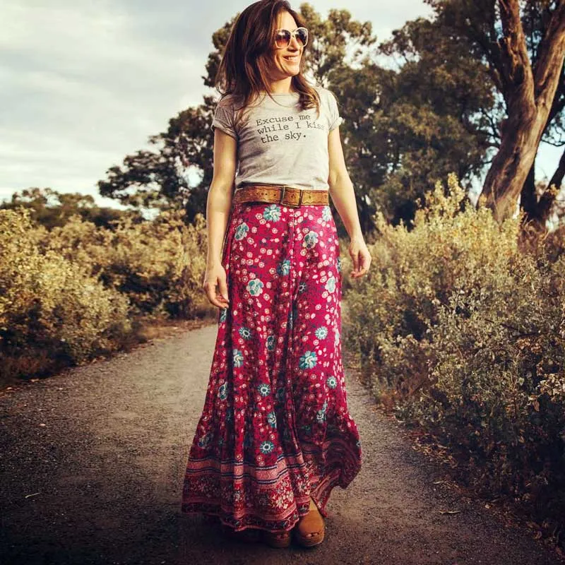 BOHO INSPIRED Button Down Skirt Elastic Waist Tassle Tied Long