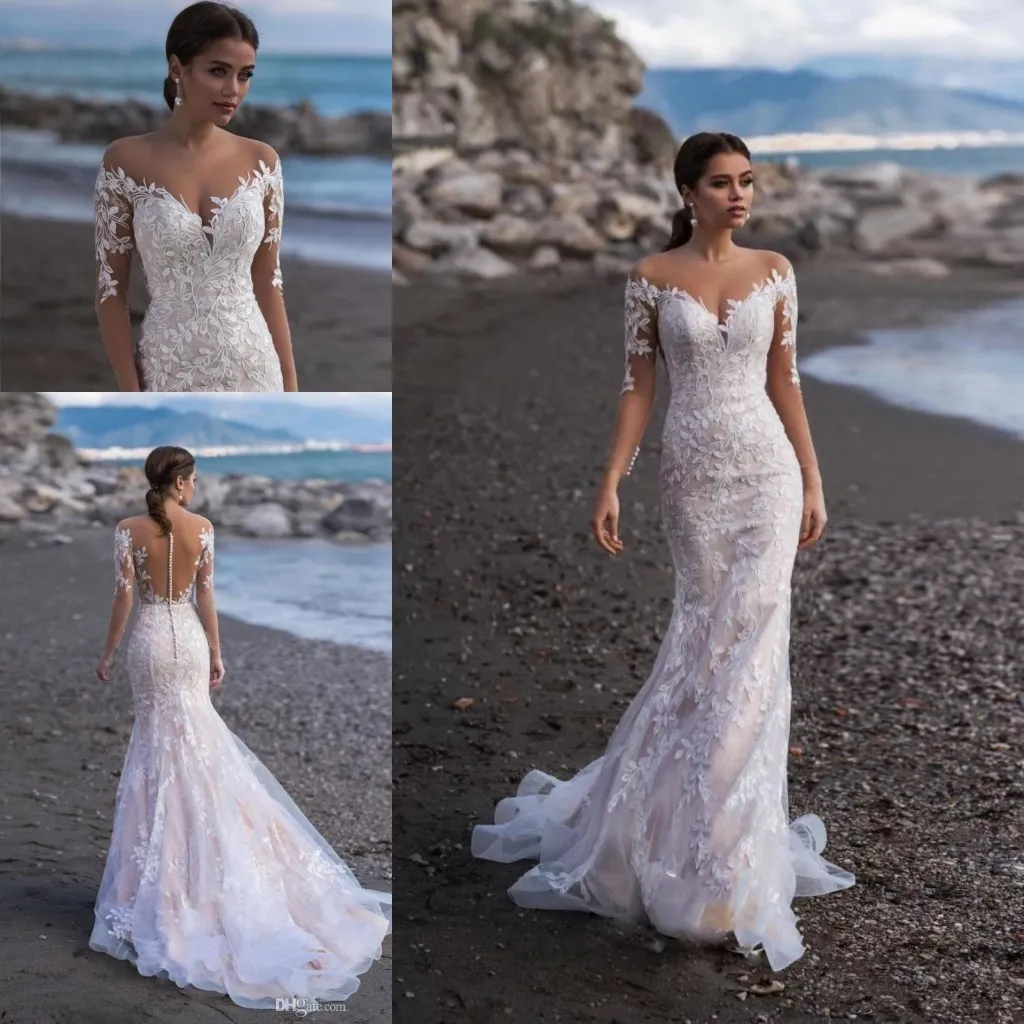 Elegante schiere lange Ärmel Spitze Meerjungfrau Brautkleider 2019 Tüll Applikation Sweep Zug Sommer Strand Hochzeit Brautkleider mit Knopf BC2299