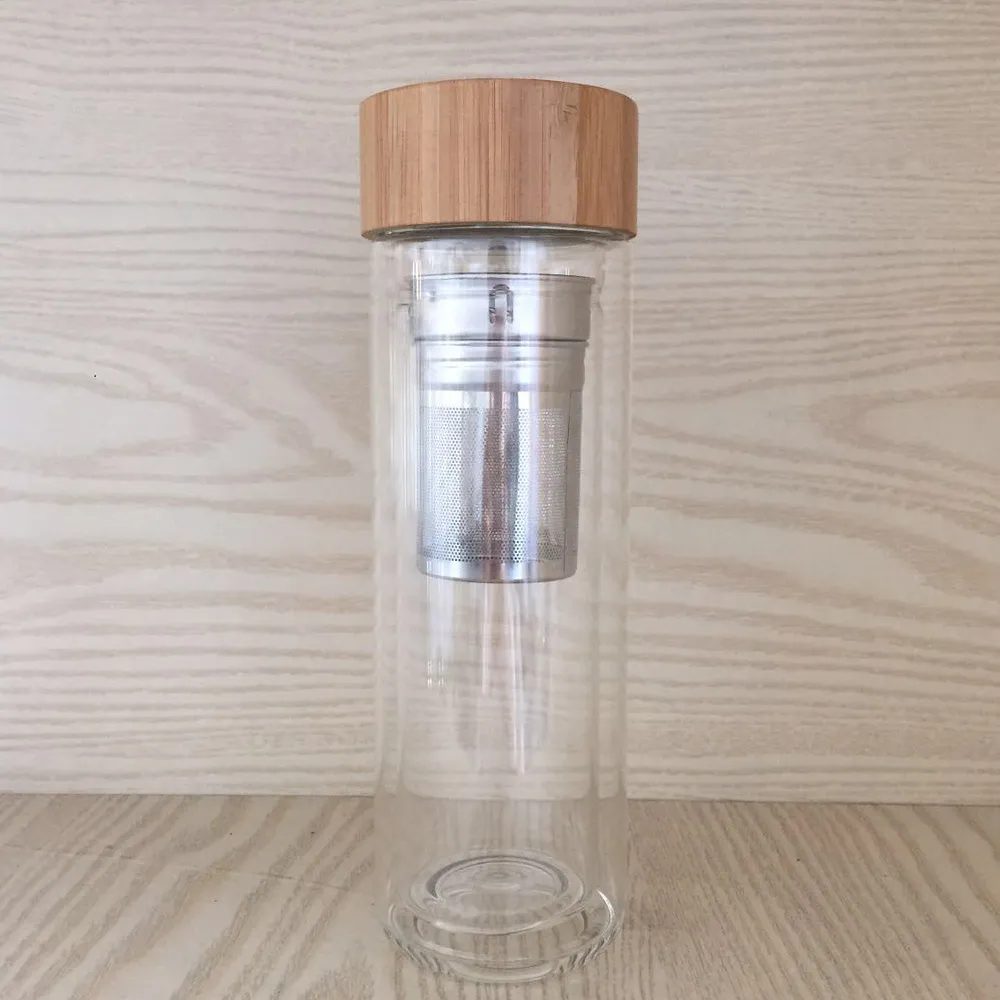 25pcs/lot Free shipping Wholesale 400ml Bamboo lid Double Walled glass tea tumbler Includes strainer and infuser basket lin4580