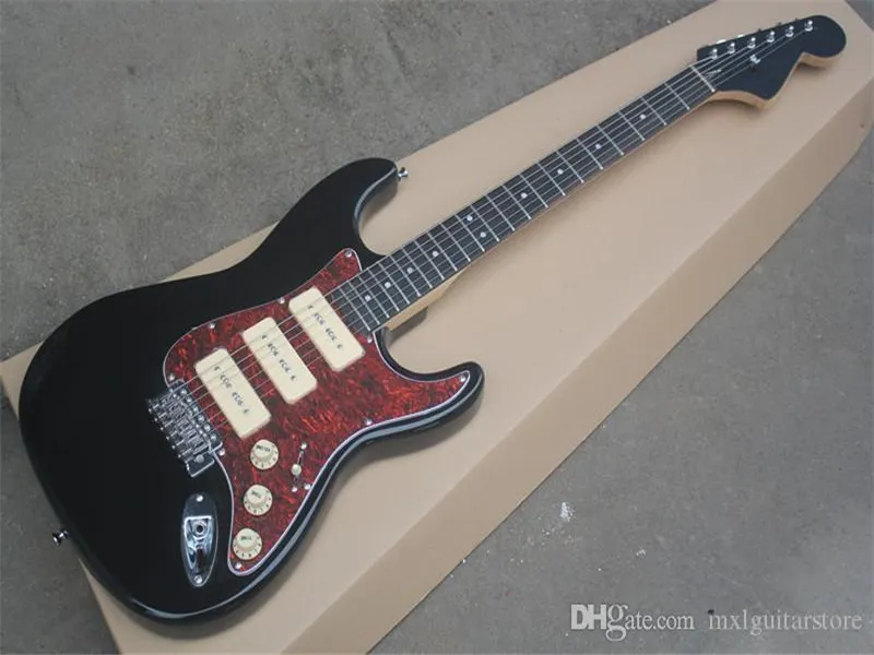 Fabrikspezifische schwarze E-Gitarre mit P90-Tonabnehmern, Palisandergriffbrett und rotem Tortoise-Schlagbrett, mit maßgeschneiderten Dienstleistungen