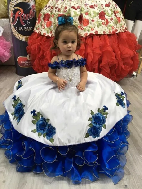 Royal Blue and White Little Girl Dress Flower Girl Dress Spaghetti Strap Ruffles Organza Toddler Girls Pageant Dresses