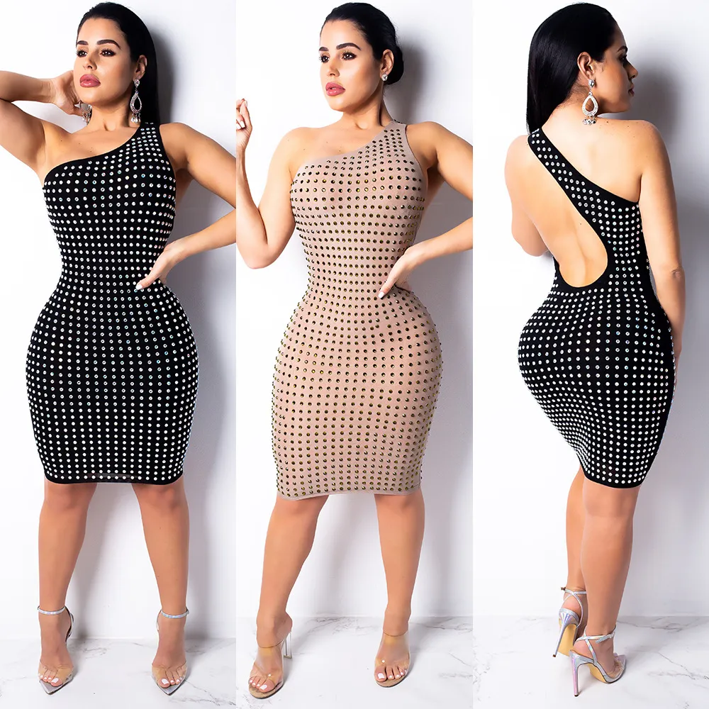 Polka Dot Strass Parti Robe Moulante Femmes Sexy Une Épaule Bling Bling Extensible Dos Nu Creux Mini Genou Longueur Bandage Club Robe