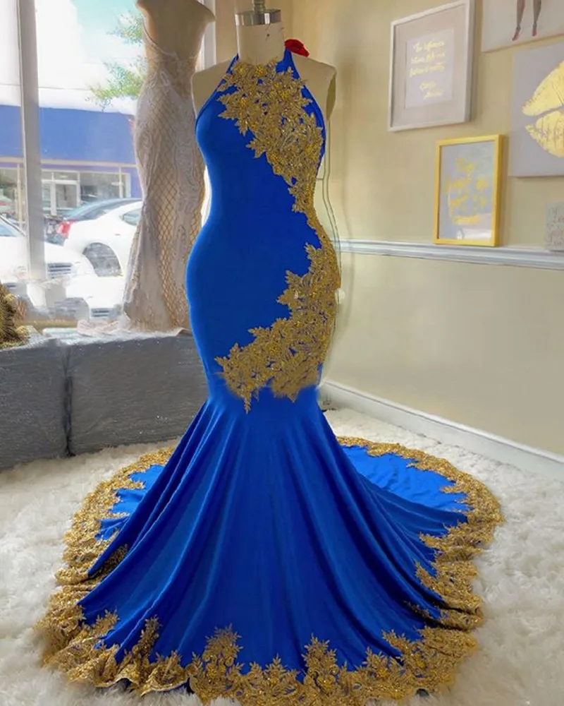 Royal Blue and Gold Applique Prom Jurken Avondjurk Lange 2020 Halter Top Satijn Mermaid Trompet Jurken Avondkleding Moeder van de Bruid
