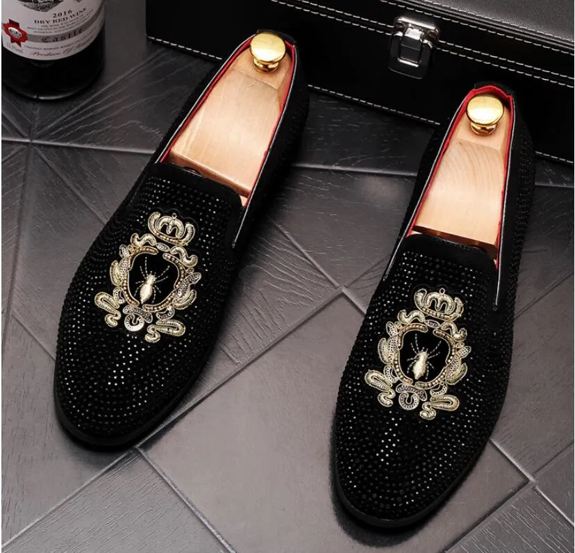 Handmade Black Rhinestone embroidery Fashion Men`s Suede Loafers Wedding Party Men Shoes Noble Elegant Dress Shoes for Men 37-44