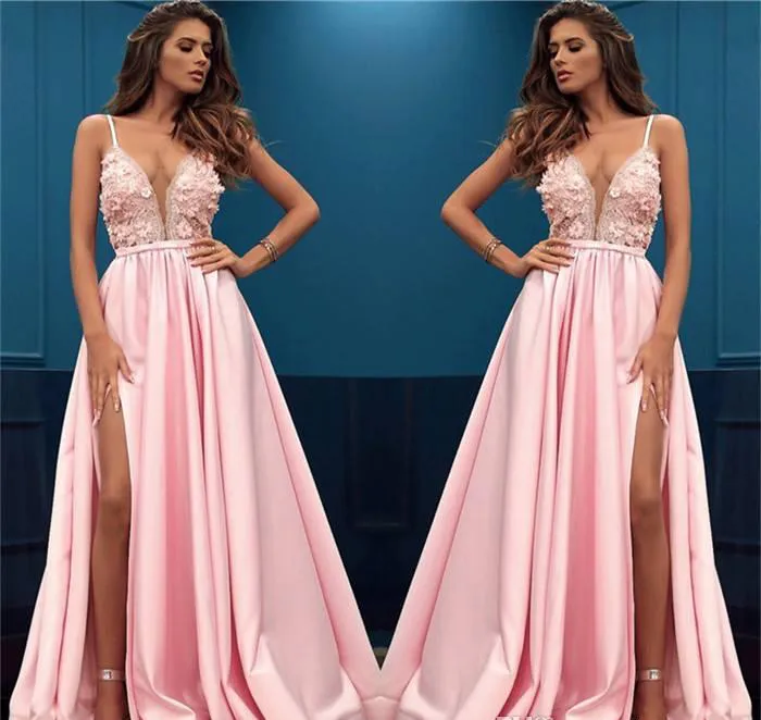 2019 Neue Ankunft Rosa Abendkleid Sexy Mit Schlitz Applikationen Urlaub Frauen Tragen Formale Party Abendkleid Nach Maß Plus Größe