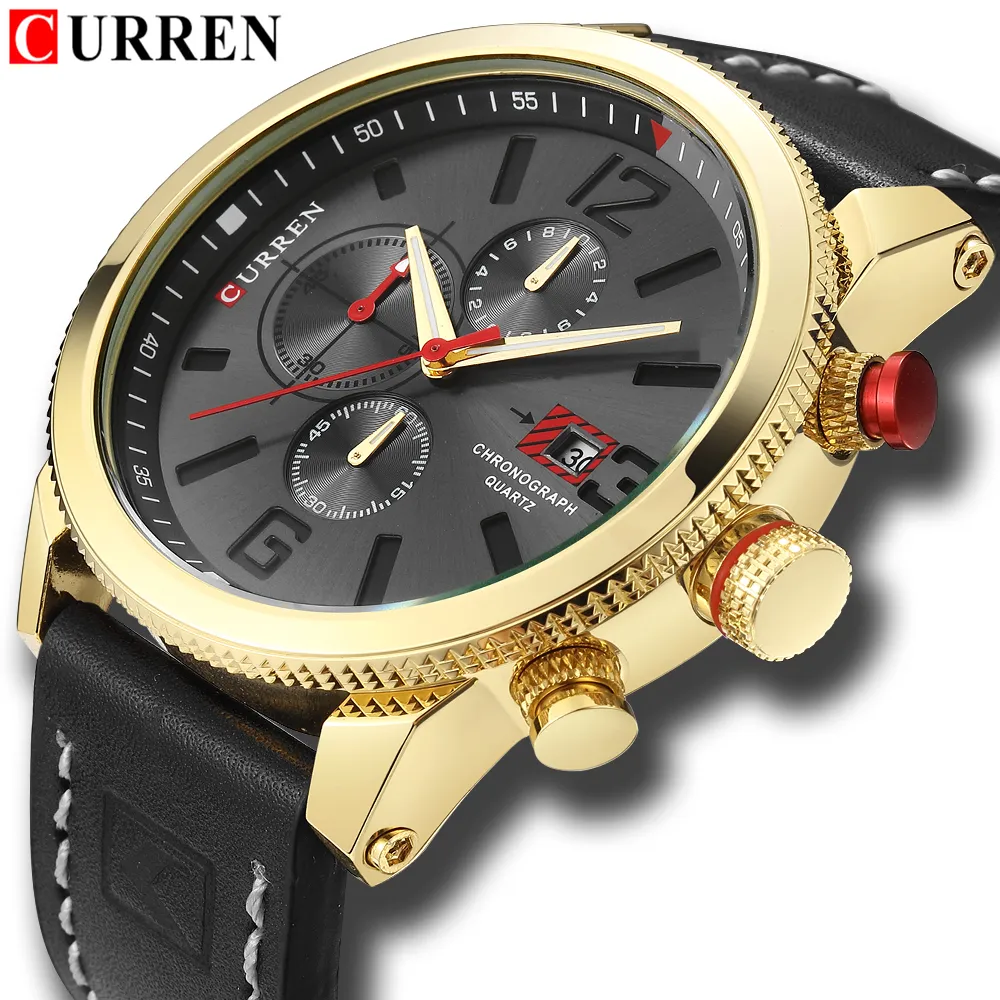 Uhren Curren 8281 Herren wasserdichte Top -Marke Luxus Chronograph Date Fashion Casual Echtes Leder Sport Militär männliche Uhr