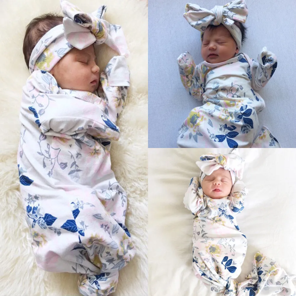 유아 아기 swaddle 침시 가방 아기 소년 소녀 florals muslin 담요 + 머리띠 아기 부드러운 고치 수면 자루 2pcs 세트 15059