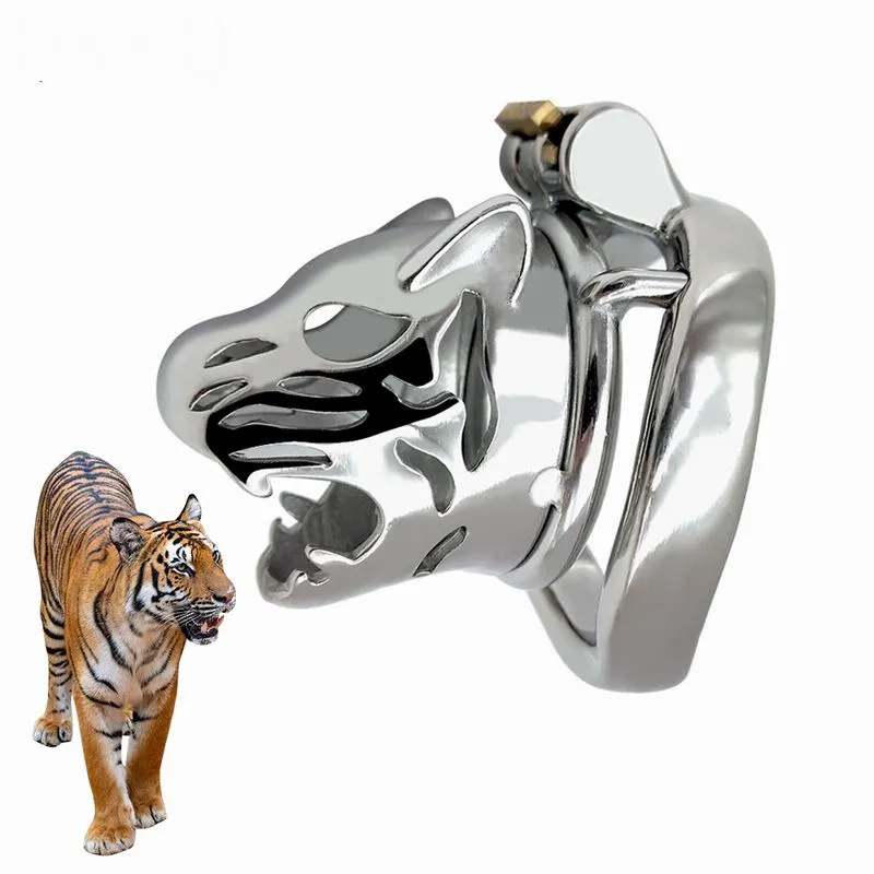 Tiger Head Chastity Locks Мужские Клетки Клетки Части Частоты Катетер Катетер Дугообразное Пенис Кольцо Блокировка Металлический Корон Мужской Пенрик Девы Блокировка