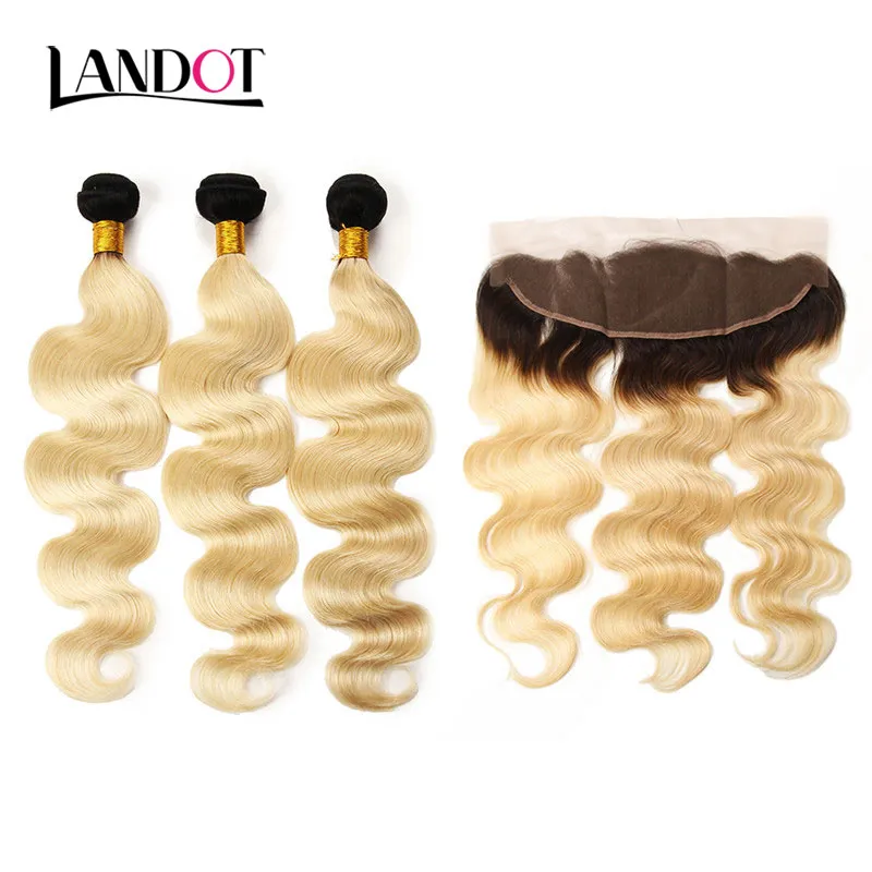 9A Grade Ombre 1B/613 Blonde brasiliano peruviano Malaysian Indian Body Wave Virgin Human Weaves 3 bundle con chiusura frontale in pizzo 13x4