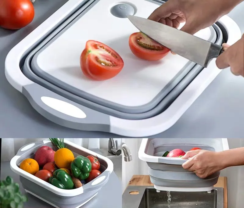Collapsible Cutting Board with Dish Tub Colander Fruits Vegetables Wash and Drain Sink Storage Basket 4 in 1 Kitchen Gadget YD0595