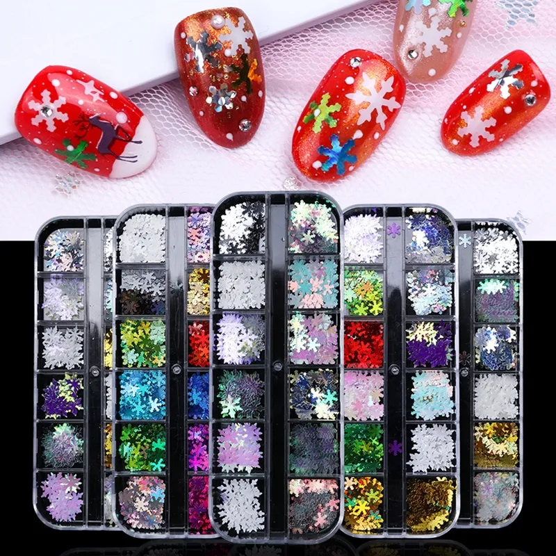 Christmas Snowflake Nail Art Glitter Sequins Stickers 12 Grids Flakes Snow DIY Manicure Tool Xmas Nails Decorations Set