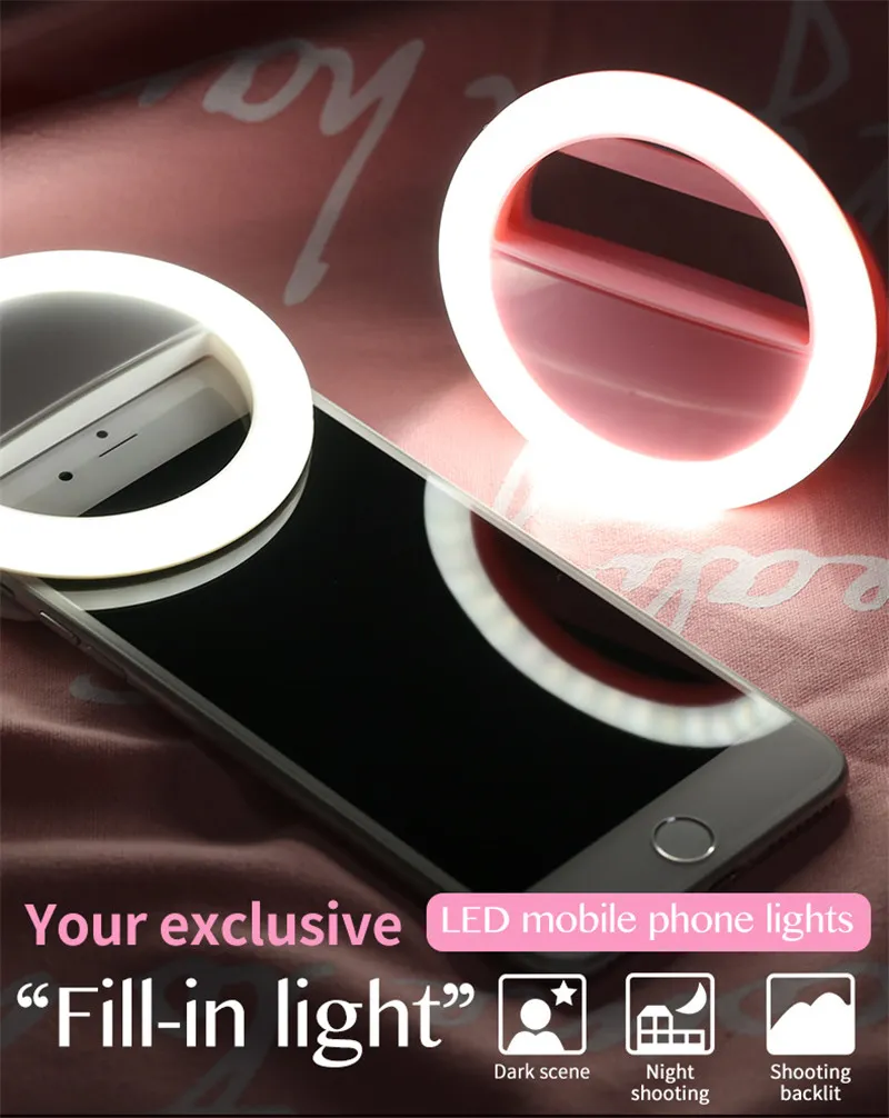 LED Selfie Ring Lights USB Charge Fill Light Mobiele telefoon knippert Lens Lichtgevende lampen Clip Ringen Lamp voor telefoon
