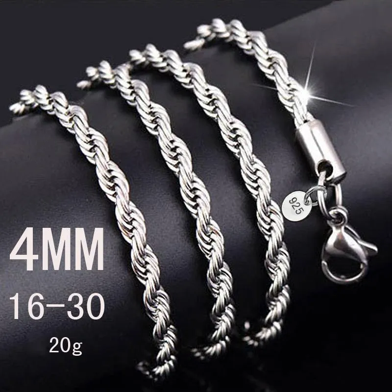 925 Sterling Silver Twisted Rope Chain Necklace Luxury Mens