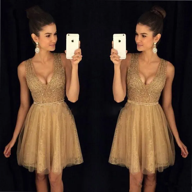Gold Lace Short Homecoming Dresses V Neck Beading A Line Tulle Mini Modest Sweet 16 Girls Prom Party Cocktail Gowns Cheap Custom Made