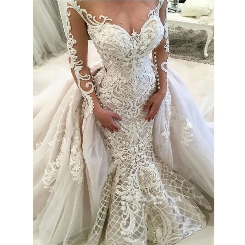 Luxury Mermaid Lace Wedding Dresses 2019 Overskirt Applique Long Sleeve  Bridal Gowns With Detachable Train Vestidos De Novia
