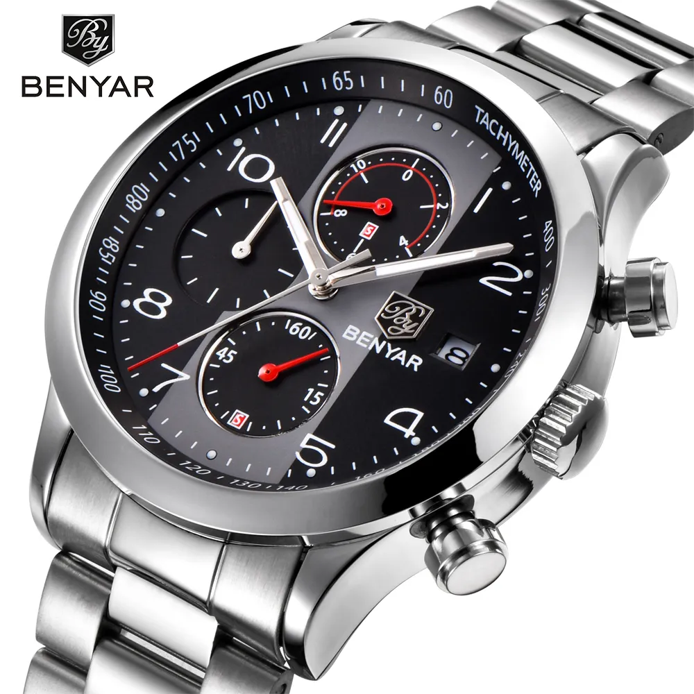 Benyar Fashion Chronograph Sport kijkt naar mannen roestvrijstalen riem Kwarts Watch Clock Relogio Masculino Reloj Hombre Black