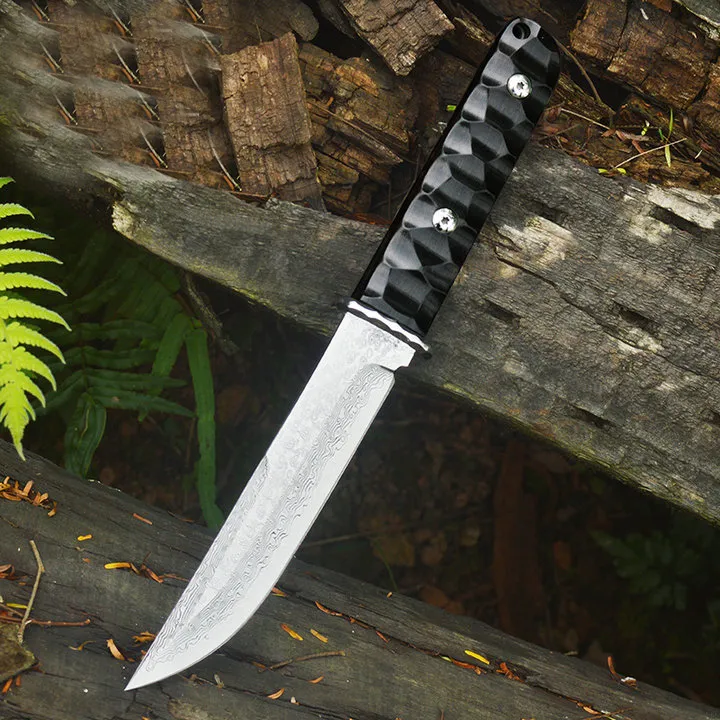 Damascus knife VG10-Damascus Steel Drop Point Blade Full Tang Ebony Handle Straight Knives With Leather Sheath
