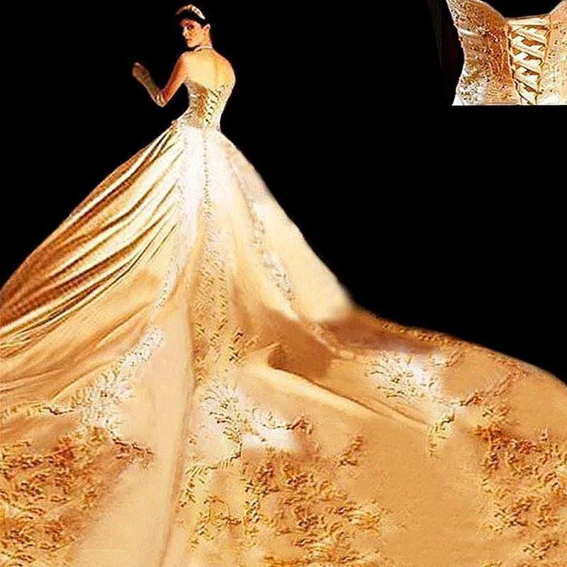 Gold Embroidered Cathedral Train Gold Wedding Dress With Halter Neckline Sweetheart Corset Back And Gothic Style Perfect For Your Special Day From Lindaxu90 347.69 DHgate.Com