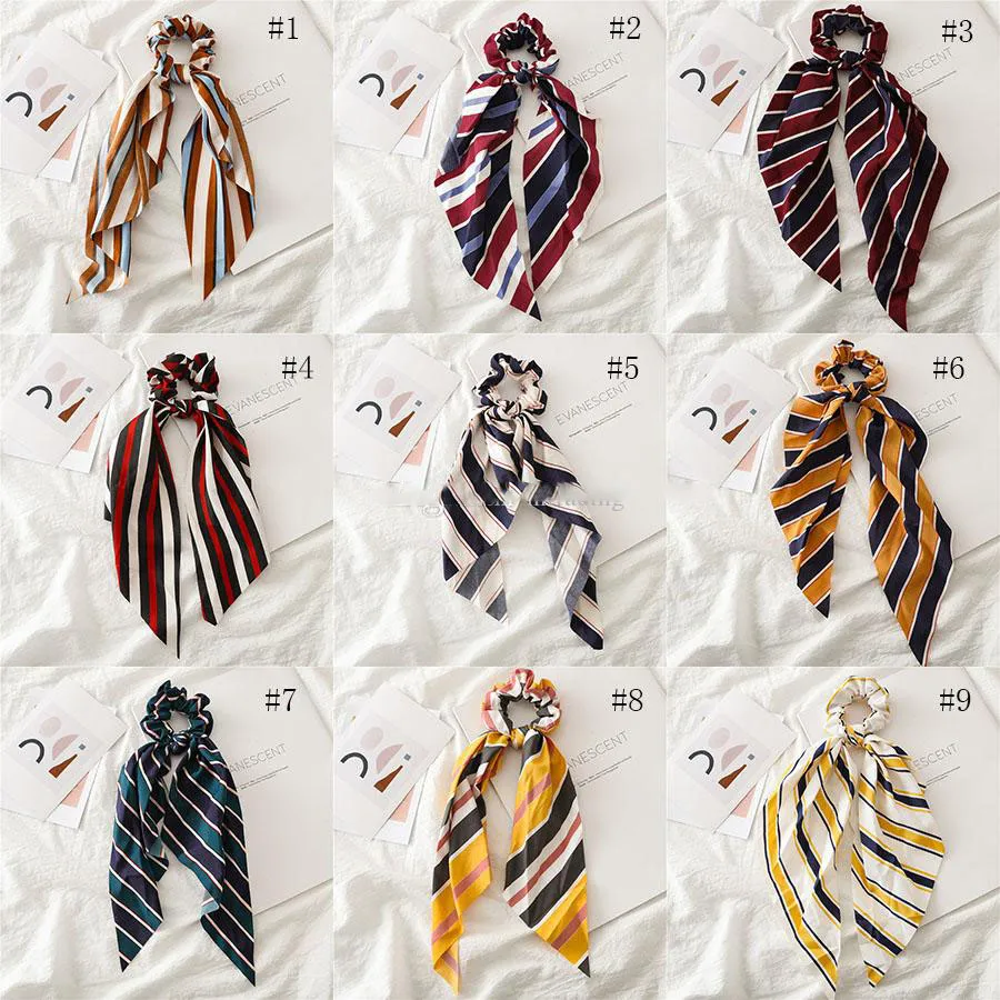 INS Stripe Hair Chouchous Bow Femmes Accessoires Bandes de cheveux Cravates Chouchou Porte-queue de cheval Décoration de corde en caoutchouc Long Bow streamer