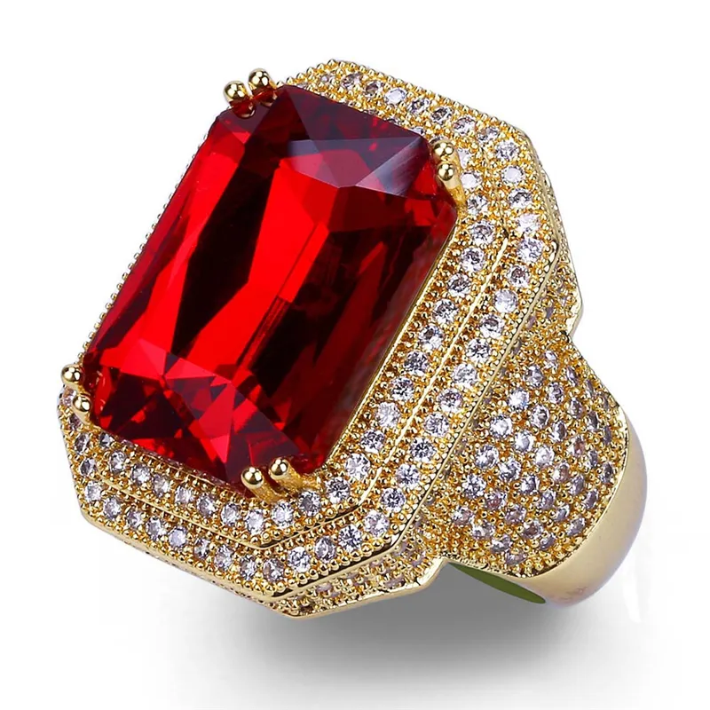 Hip Hop Micro Pave CZ Glacé Bling Bague Géométrique Plaqué Or Jaune Grand Rouge CZ Anneaux pour Hommes Bijoux