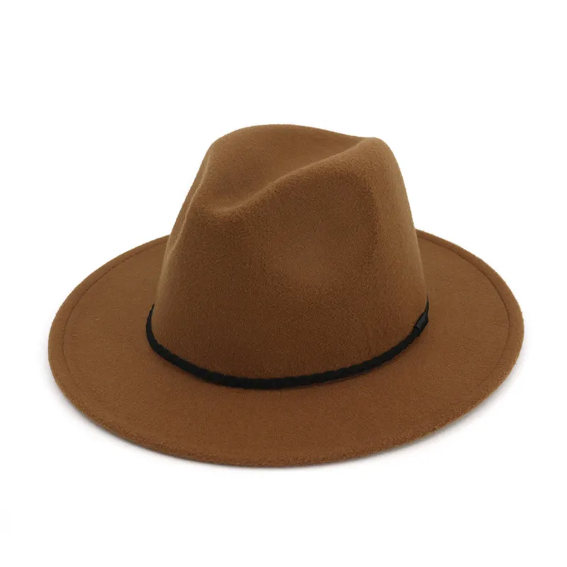 Fashion-Ladies Wool Felt Mens Fedora Trilby Hat Fashion Corda semplicemente intrecciata Decorato Panama Flat Brim Jazz Cappelli formali