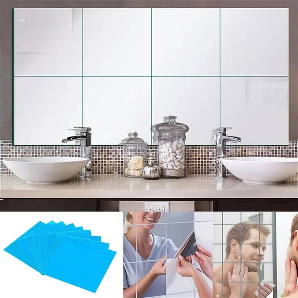16 Sheets Flexible Mirror Sheets Mirror Wall Stickers Self Adhesive Plastic  Mirror Tiles for Home Decor, 6 Inch by 6 Inch 
