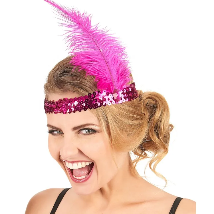 20pcs Ostrich Feather Headband Party Supplies 1920's Flapper Sequin Charleston Costume Ostrich-Feather Elastic Sequins Belt Headbands Indian Hairband