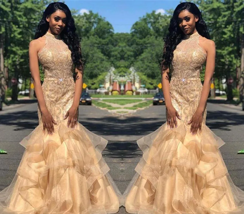 Champagne Color Mermaid Long Prom Dresses South African Black Girls Halter Neck Holidays Graduation Wear Evening Party Gowns Plus Storlek