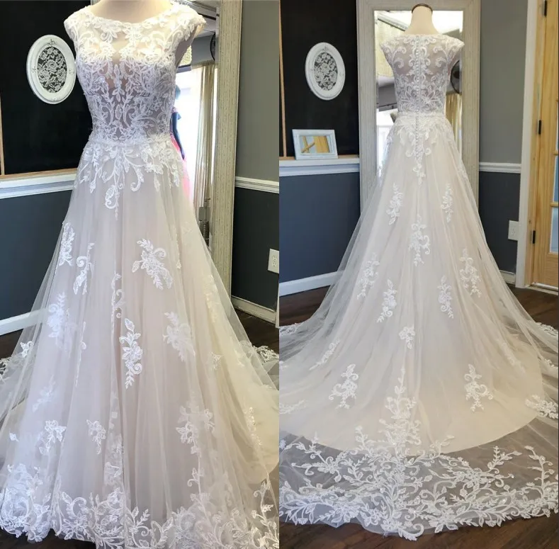 2019 Tulle A Line Wedding Dresses Jewel Neck Illusion Lace Appliques Bridal Gowns Summer Beach Wedding Dress