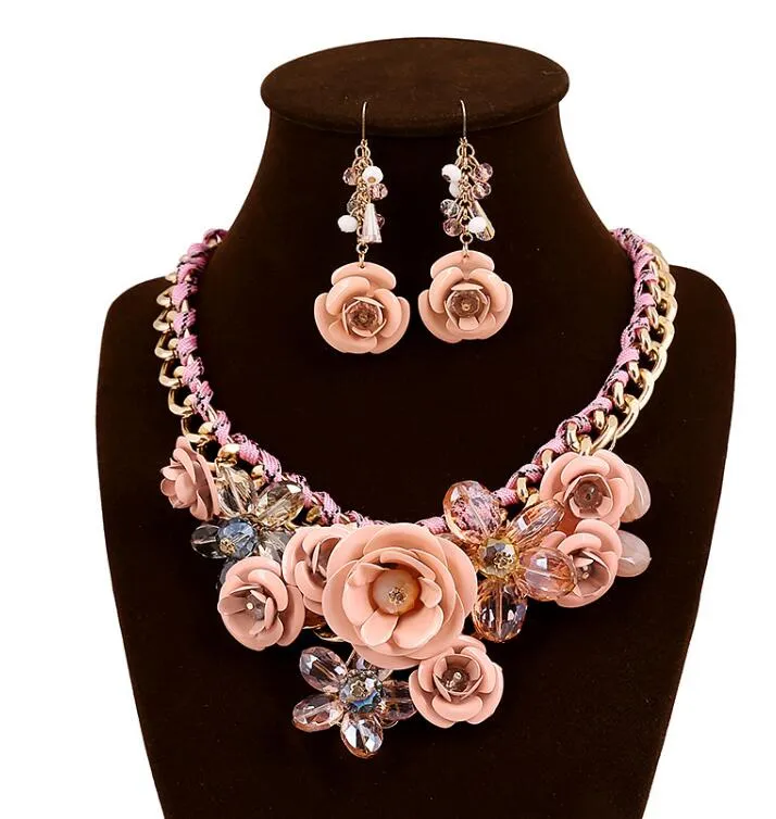 6 couleurs femmes coloré fleur strass pendentif déclaration collier boucles d'oreilles ensemble de bijoux bijoux de mode robe de mariée de mariée Jew313E