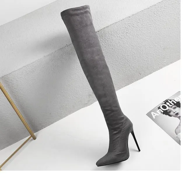 Siyah Strechy Diz uyluk yüksek botları sivri stiletto topuklu lüks kadın kış botları boyut 34 ila 42 ila 48269o