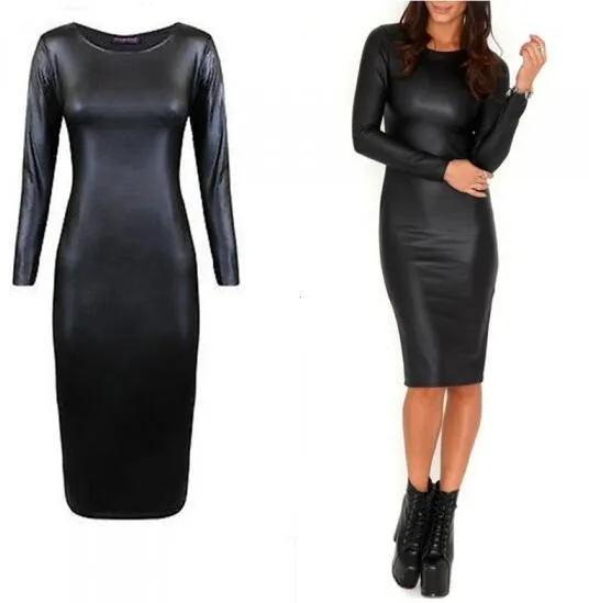 Kvinnor casual läder bodycon klänning bandage klänning vestidos sexig svart pu läder bodycon klänning kvinnor kläder