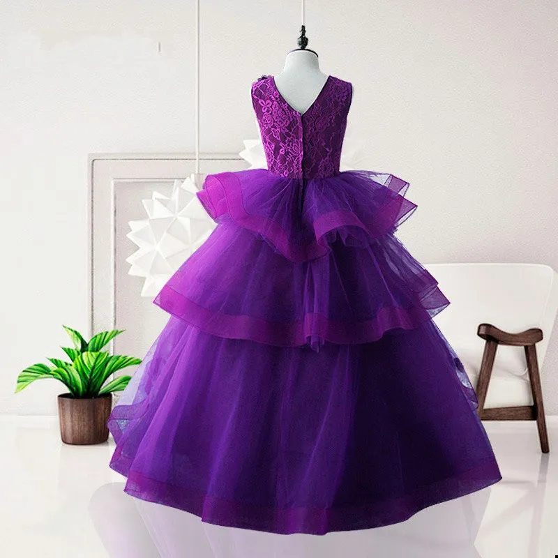 Dark Purple Three-Layer Girls Purple pageant dress with V-neck, Cap Sleeves, 3D Flowers, and Rhinestones - Perfect for Prom and Special Occasions Dark Purple Three-Layer Girls Purple pageant dress with V-neck, Cap Sleeves, 3D Flowers, and Rhinestones - Perfect for Prom and Special Occasions
