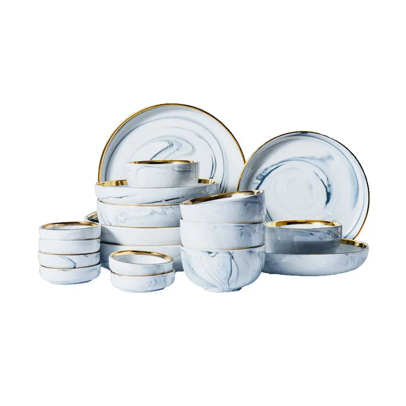 Service de vaisselle nordique à bord doré Texture marbre, assiettes rondes en céramique, assiette à soupe, bols à riz, plats d'assaisonnement gris rose