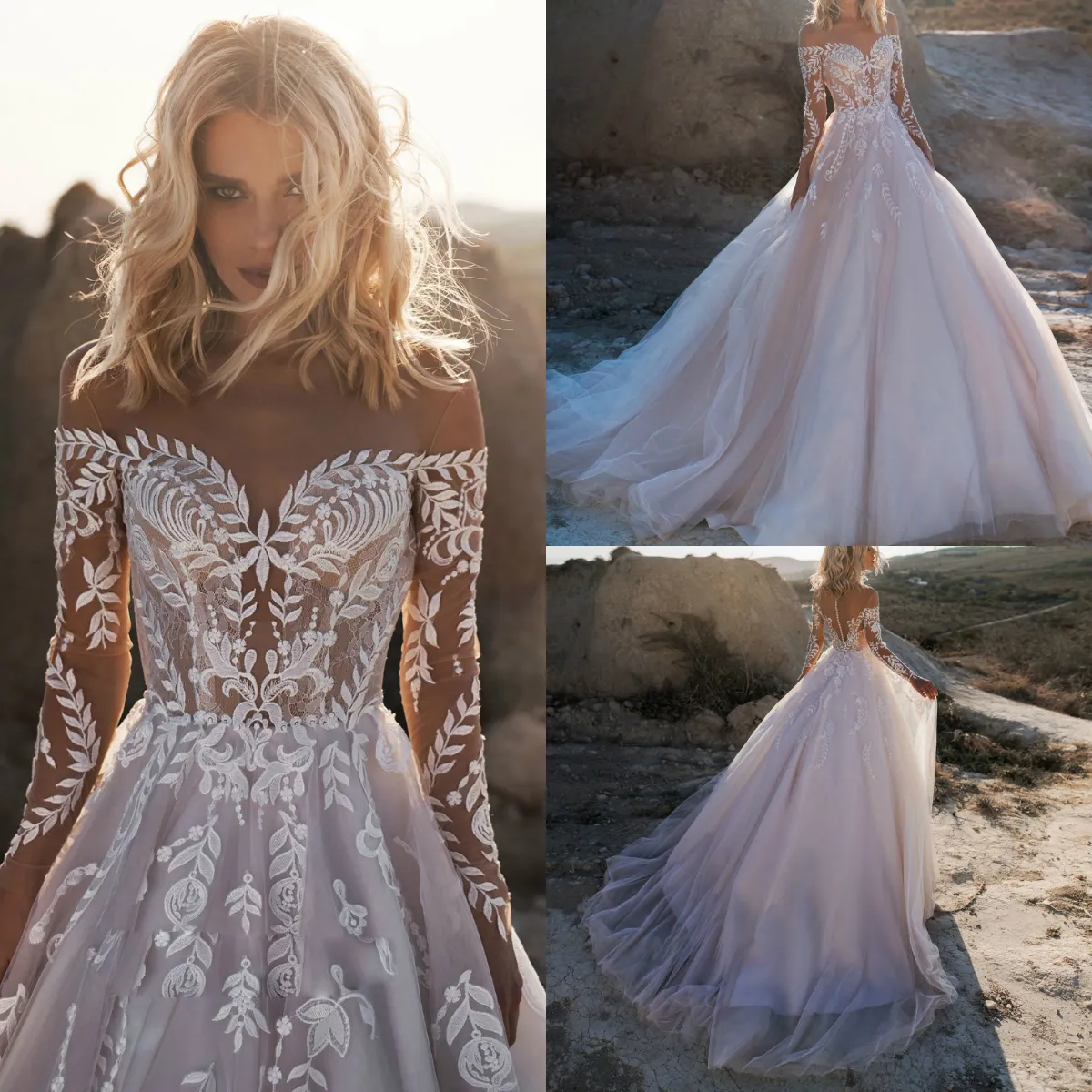 Abiti Bohemian Beach Spalle scoperte Maniche lunghe Applicazioni in pizzo Abiti da sposa Sweep Train Abito da sposa Boho Robe De Mariee