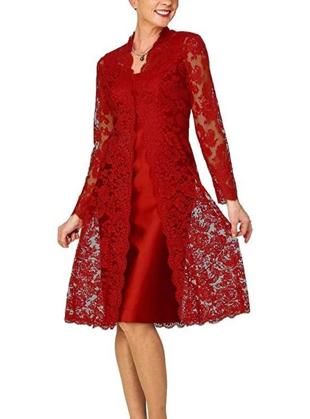 Custom Made Red Lace Mother Of The Bride Dresses with Jacket Knee Length Jewel Neck Wedding Guest Dress Plus Size Mothers Formal Gowns