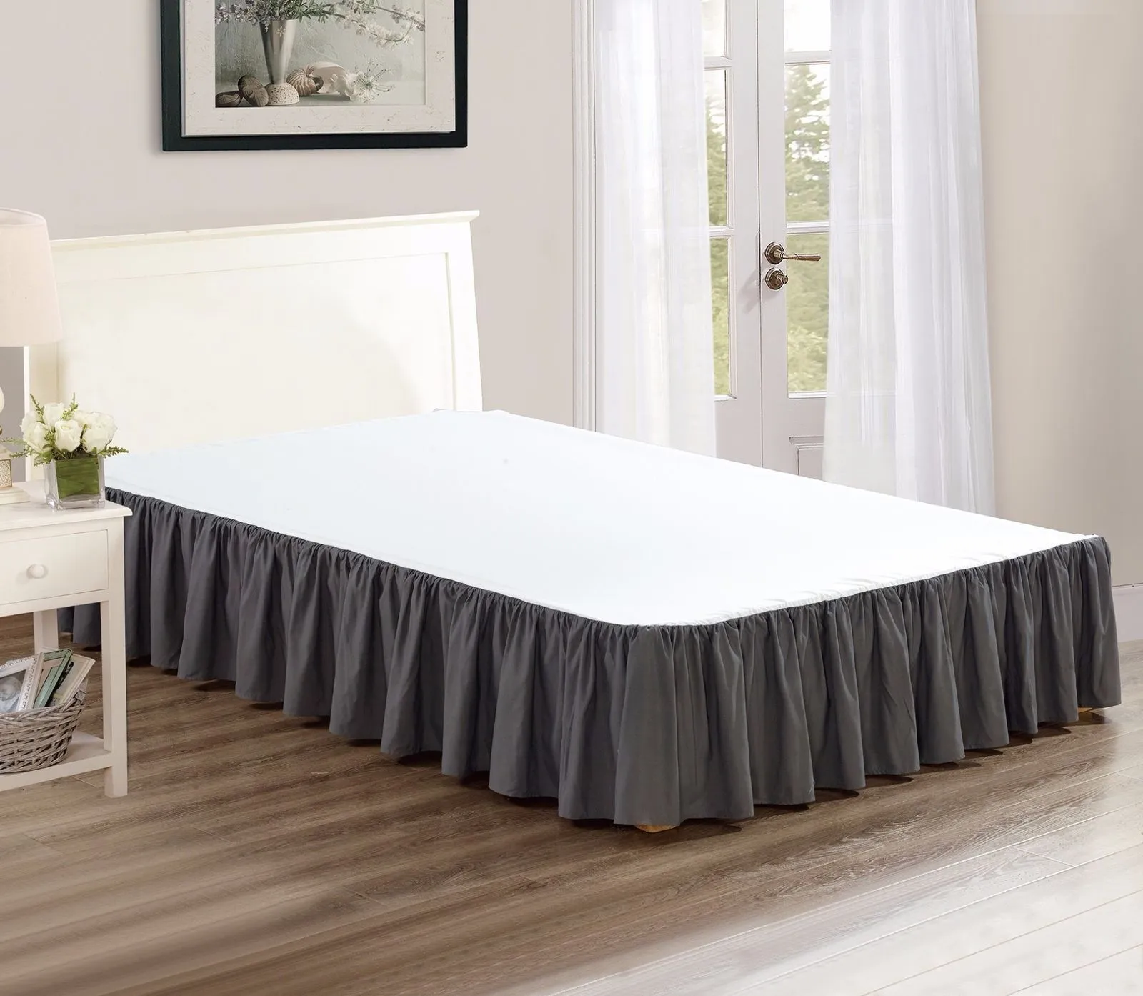 Brushed Polyester Bed Skirt Wrap Around Three Fabric Sides Elastic Dust