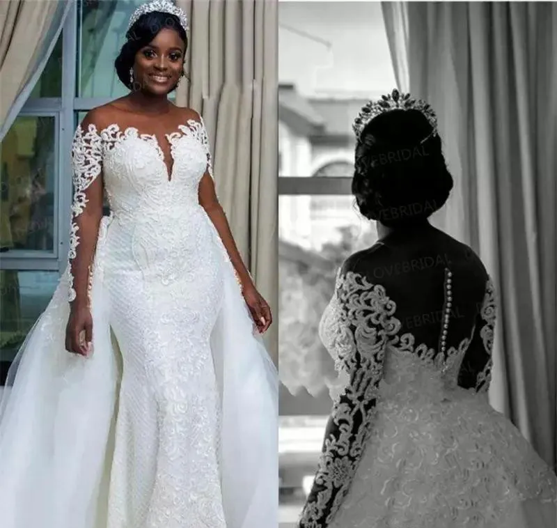 Abito da sposa a sirena per ragazze nere sudafricane con gonna oversize in tulle a maniche lunghe da giardino in chiesa, abito da sposa su misura P189d