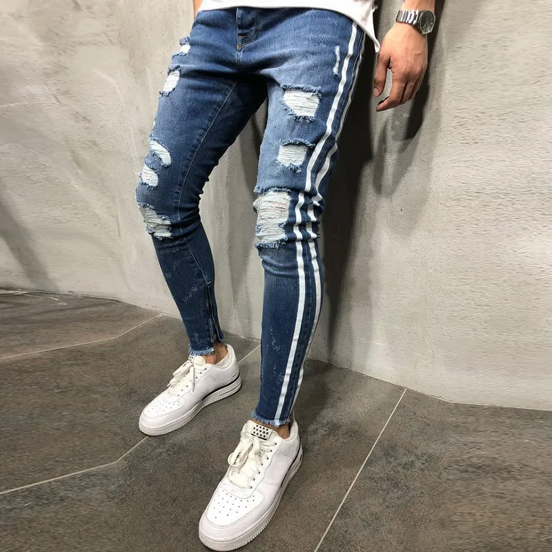 Olome Hot Sales 2019 Rippad sida Striped Jeans Fashion Blue Streetwear Mens Skinny Stretch Jeans Byxor Casual Denim Hombre