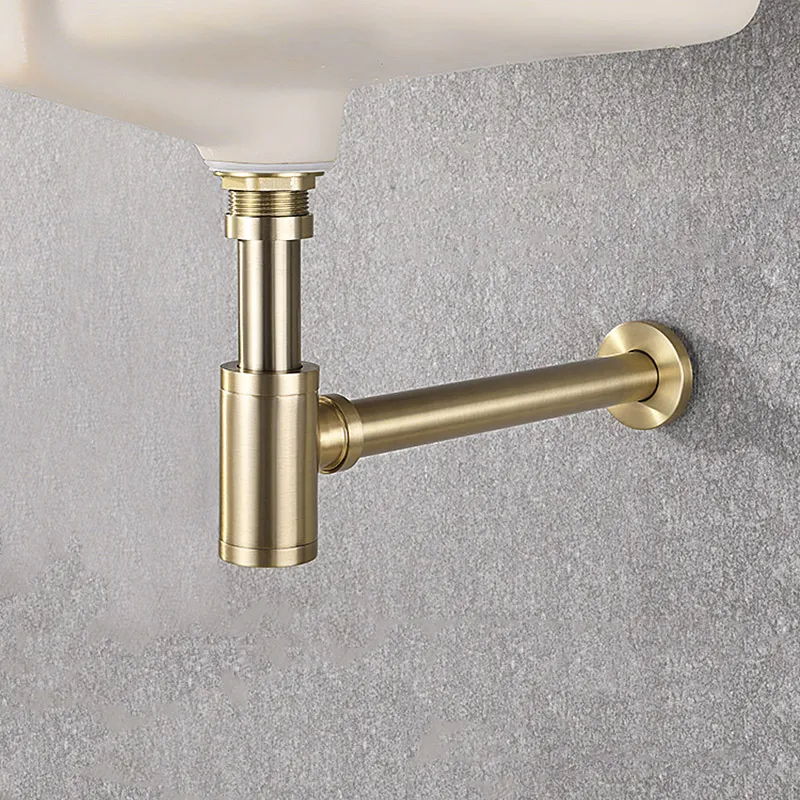 Corpo in ottone di alta qualità Scarico per lavabo Scarico a parete Collegamento idraulico P-trappola Tubo di lavaggio Sifone per lavandino del bagno Nero / Oro spazzolato / Cromo