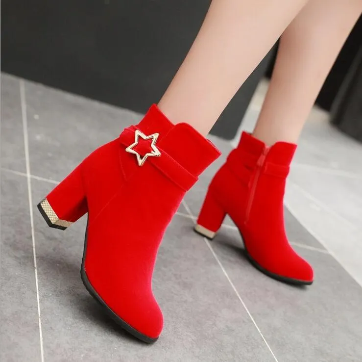 Sexy Flock Ankle Boots For Women Platform High Heels Autumn Winter Womens Short Wedding Boots Buckle Red Black ZB078