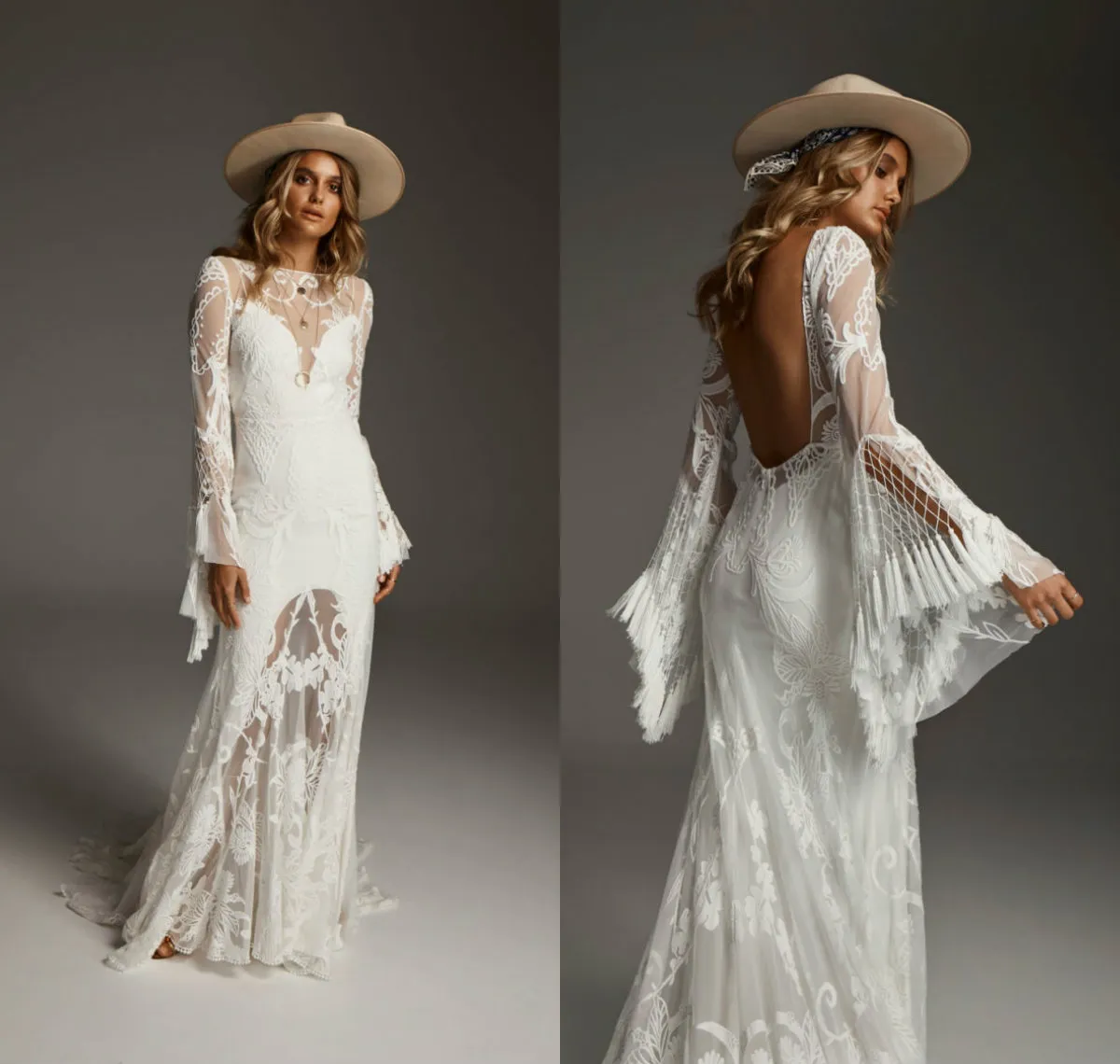 2019 Cowboy Meerjungfrau Brautkleider Bateau-Ausschnitt Spitze Applikationen Sweep Zug Böhmisches Hochzeitskleid Langarm Abiti da Sposa Brautkleider